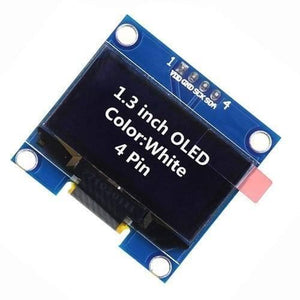 OLED 1.3 Inch Display Module 128x64 I2C Communicate 4pin SSD1106 Blue Text Color - a blue circuit board with four pins labeled VDD, GND, SCK, and SDA, and a screen displaying white text.
