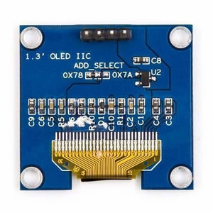OLED 1.3 Inch Display Module 128x64 I2C Communicate 4pin SSD1106 Blue Text Color - rear view of the blue square circuit board showing the four-pin header, gold ribbon cable, and ADD_SELECT solder pads.