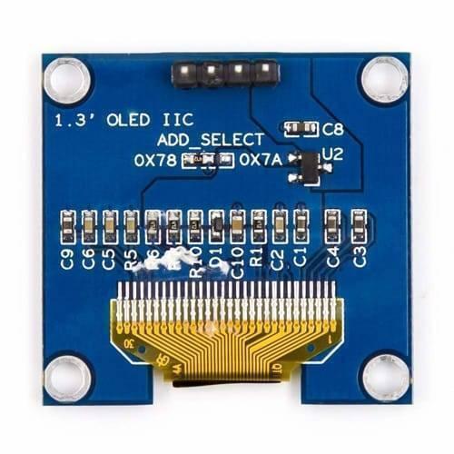OLED 1.3 Inch Display Module 128x64 I2C Communicate 4pin SSD1106 Blue Text Color - rear view of the blue square circuit board showing the four-pin header, gold ribbon cable, and ADD_SELECT solder pads.