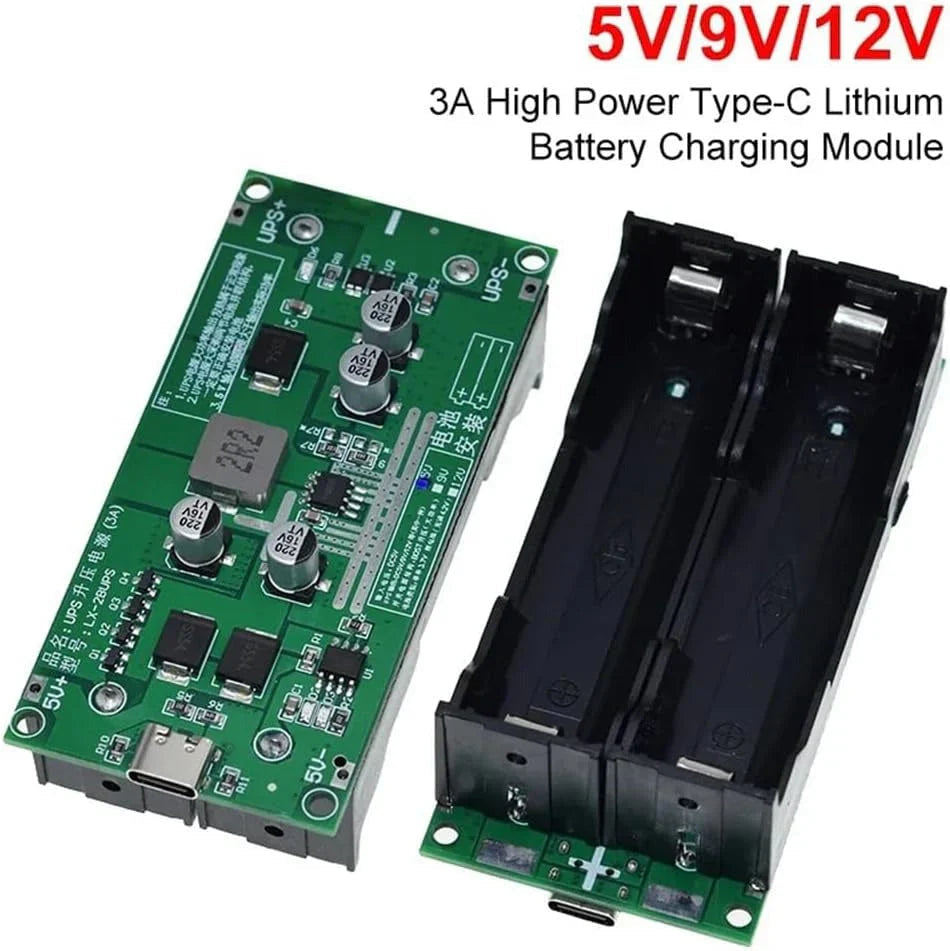 On Demand 15W 5V 3A 18650 Lithium Battery Charger DC-DC Step Up Booster UPS Uninterruptible Power Supply Converter Type C - a green circuit board with a Type-C port, two battery holders, and several capacitors.