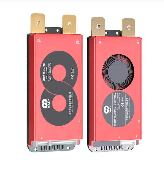 On Demand 20S LiFePO4 BMS M Series Standard BMS 3S to 24S 150A 200A BMS - two red rectangular battery management system units with metal terminals, cooling fans, and labeled ports.