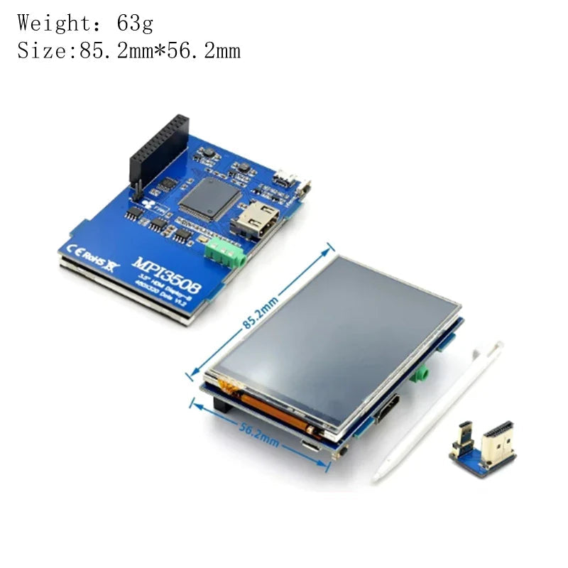 On Demand 3.5 inch LCD HDMI USB Touch Screen Real HD 1920x1080 LCD Display Py for Raspberri 3 Model B / Orange Pi (Play Game Video) MPI3508 - the blue circuit board, screen, stylus, and HDMI connector with dimensions labeled 85.2mm by 56.2mm.