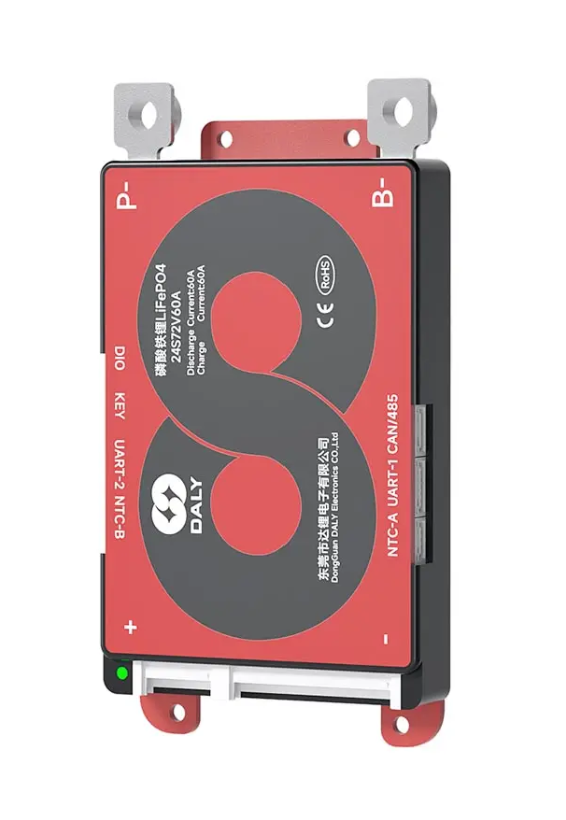 On Demand 48V LiFePO4 BMS DALY K Series Smart BMS 3S to 24S 40A 60A 100A - a rectangular red and black unit with metal terminals, side ports, and a label showing 24S 72V 60A specifications.
