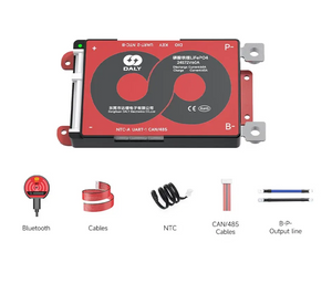 On Demand 48V LiFePO4 BMS DALY K Series Smart BMS 3S to 24S 40A 60A 100A - 72V 60A unit in red and black with ports, accompanied by a Bluetooth module, ribbon cables, NTC sensor, CAN/485 cables, and output lines.