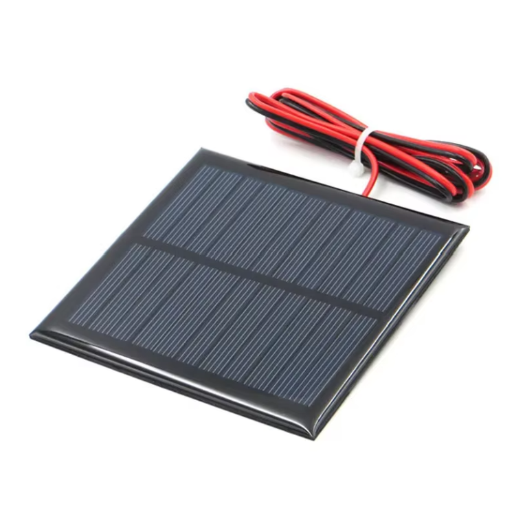 On Demand 4V 5V 5.5V Solar Panels – DIY Battery Cell Phone Charger | Digilog.pk - a square black solar cell panel with a red and black wire lead coiled and secured with a white plastic zip tie.