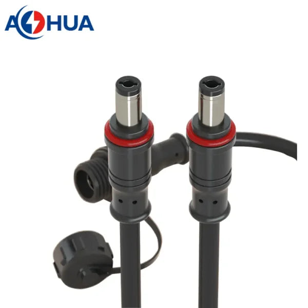 ON DEMAND AH-M12-0402MFD01111 AHUA M12 panel type 5521 5525 Male Connector - two black cylindrical male power connectors with red O-rings and a tethered protective cap.
