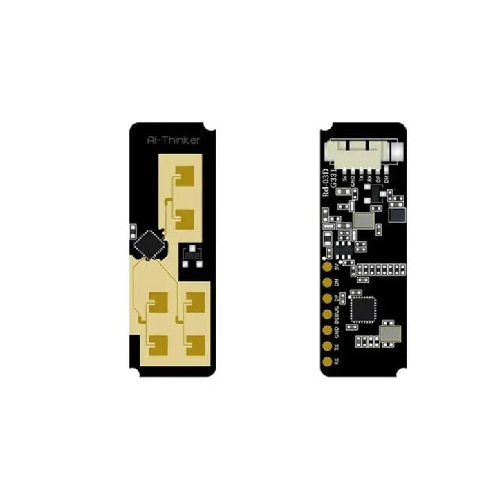 On Demand AI-Thinker RD-03D 24G Multi-Target Human Movement Trajectory Positioning And Tracking Radar Module - shown from both sides, featuring a black PCB with gold antenna patches, a white connector, and various electronic components.