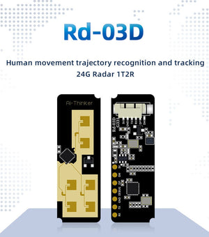 On Demand AI-Thinker RD-03D 24G Multi-Target Human Movement Trajectory Positioning And Tracking Radar Module - the front side with gold antenna patches and the back side with a connector, pins, and electronic components.