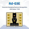On Demand AI-Thinker RD-03E Radar Module Advance Payment - a square beige circuit board with a central black chip, eight gold antenna patches, and five labeled pins: VCC, GND, OT1, RX, and OT2.