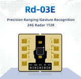 On Demand AI-Thinker RD-03E Radar Module Advance Payment - a square beige circuit board with a central black chip, eight gold antenna patches, and five labeled pins: VCC, GND, OT1, RX, and OT2.