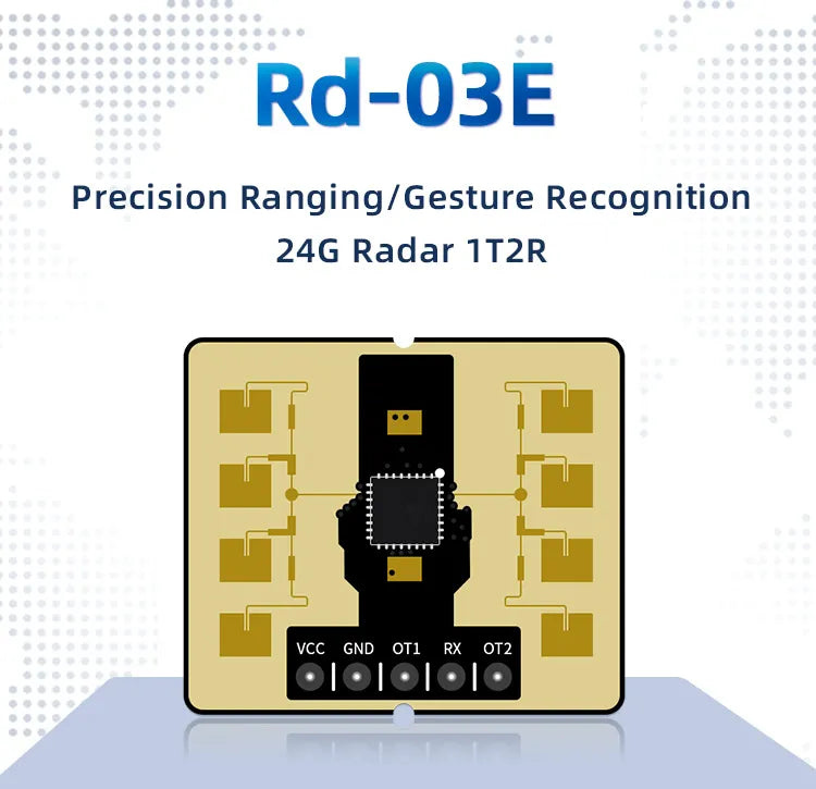 On Demand AI-Thinker RD-03E Radar Module Advance Payment - a square beige circuit board with a central black chip, eight gold antenna patches, and five labeled pins: VCC, GND, OT1, RX, and OT2.