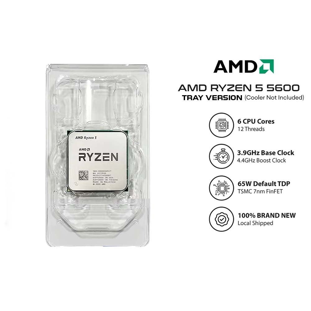 On Demand AMD Ryzen 5 5600 CPU - 6 Cores 4.4 GHz Boost AM4 Socket - in a clear plastic tray, shown next to a list of technical specifications and the AMD logo on a white background.