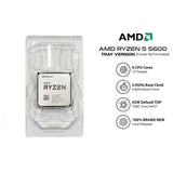 On Demand AMD Ryzen 5 5600 CPU - 6 Cores 4.4 GHz Boost AM4 Socket - in a clear plastic tray, shown next to a list of technical specifications and the AMD logo on a white background.