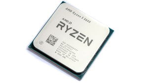 On Demand AMD Ryzen 5 5600 CPU - 6 Cores 4.4 GHz Boost AM4 Socket - a square silver-topped processor with black substrate, showing laser-etched branding and serial numbers on a white background.