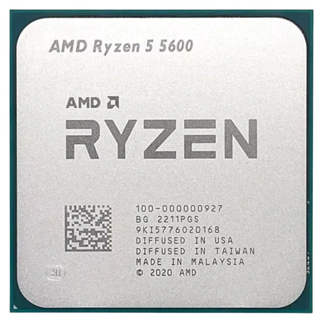 On Demand AMD Ryzen 5 5600 CPU - 6 Cores 4.4 GHz Boost AM4 Socket - a square silver-colored computer processor with laser-etched model, batch, and manufacturing information on its top surface.