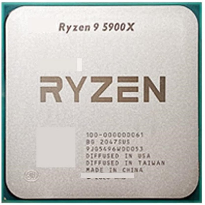 On Demand AMD Ryzen 9 R9 5900X Processor 12 cores and 24 threads CPU for Gaming & Multitasking - a square silver-colored CPU with laser-etched model text and manufacturing information on the metal heat spreader.