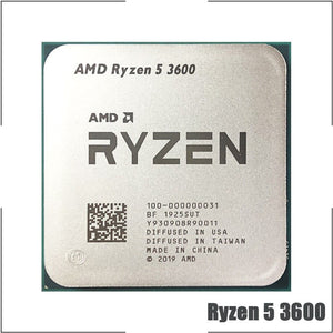 On-Demand AMD Ryzen R5 3600 Processor | 6-Core 12-Thread CPU for Gaming And Work - a square silver-coloured metal CPU with black laser-etched model information and a QR code on the top surface.