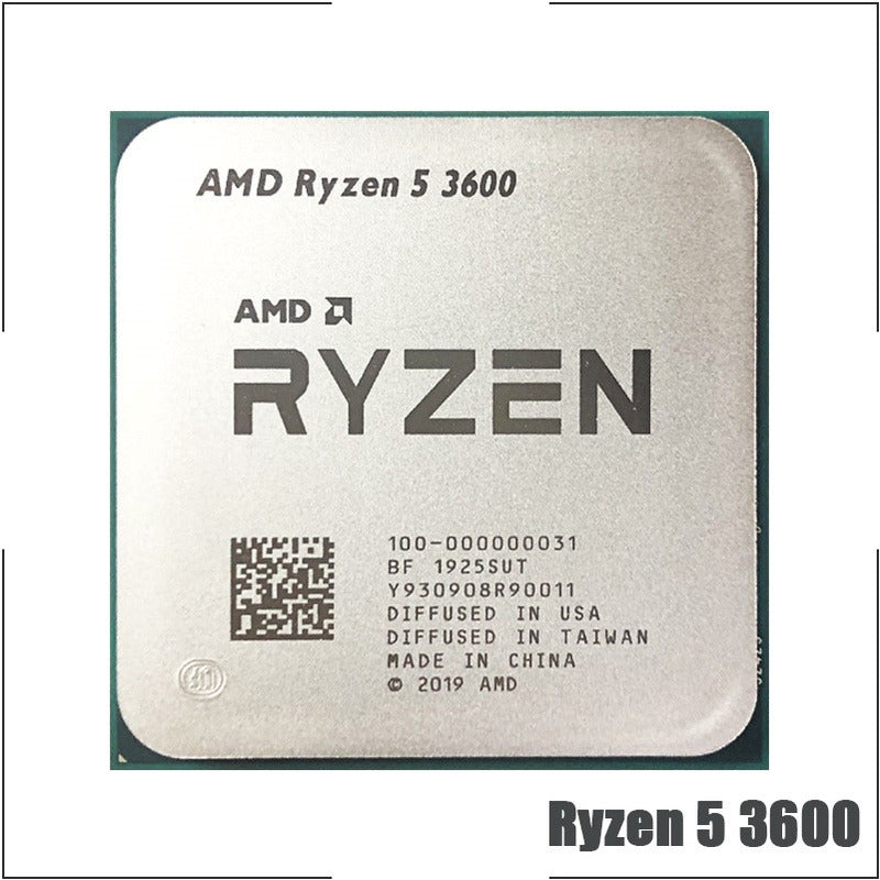 On-Demand AMD Ryzen R5 3600 Processor | 6-Core 12-Thread CPU for Gaming And Work - a square silver-coloured metal CPU with black laser-etched model information and a QR code on the top surface.