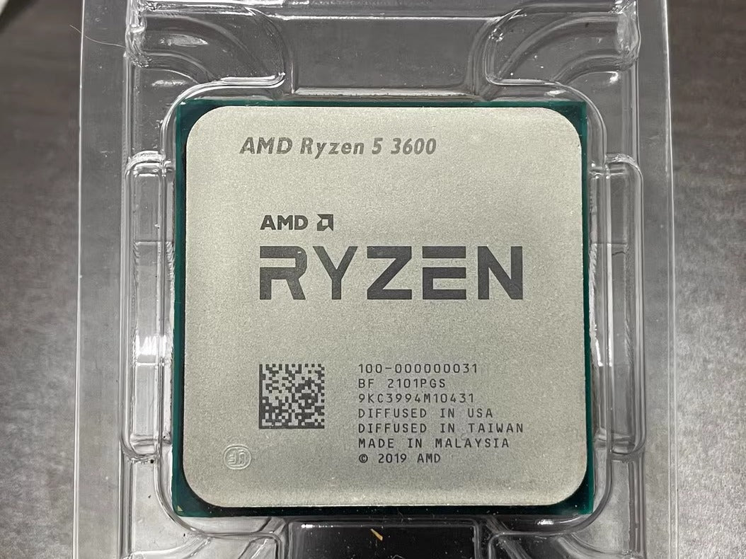 On-Demand AMD Ryzen R5 3600 Processor | 6-Core 12-Thread CPU for Gaming And Work - a silver square CPU with laser-etched model information, shown inside a clear plastic protective clamshell packaging.