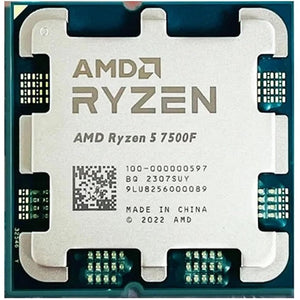 On Demand AMD Ryzen R5 7500F 6 cores and 12 threads Processor Affordable CPU for Gaming - a close-up of the square silver-topped CPU with green circuit board edges and contact pads visible on the underside.