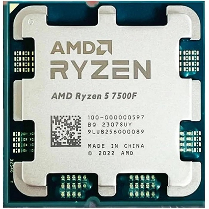 On Demand AMD Ryzen R5 7500F 6 cores and 12 threads Processor Affordable CPU for Gaming - a close-up of the square silver-topped CPU with green circuit board edges and contact pads visible on the underside.