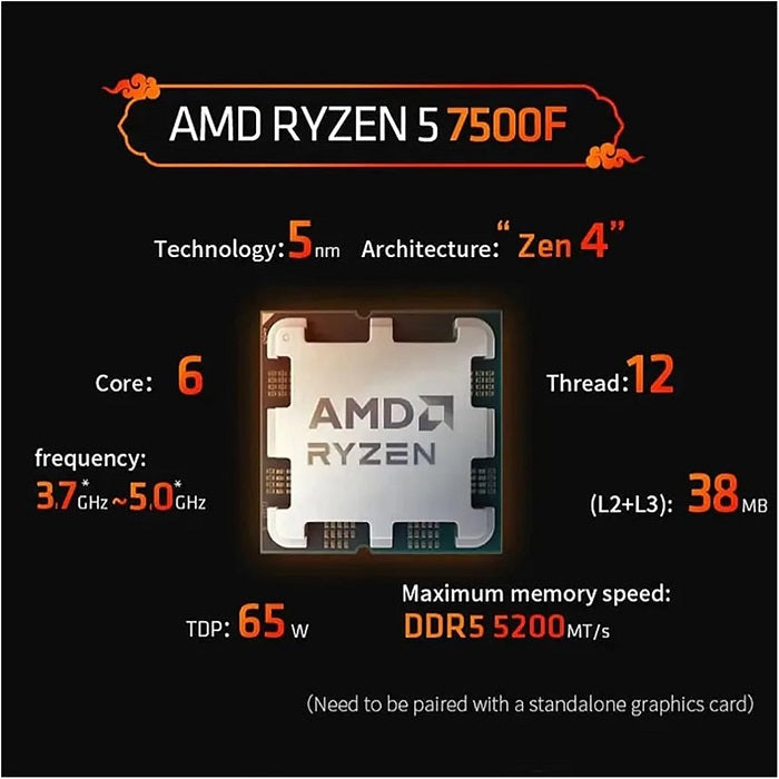 On Demand AMD Ryzen R5 7500F 6 cores and 12 threads Processor Affordable CPU for Gaming - a square metallic CPU chip centered on a black background with orange text listing its technical specifications.