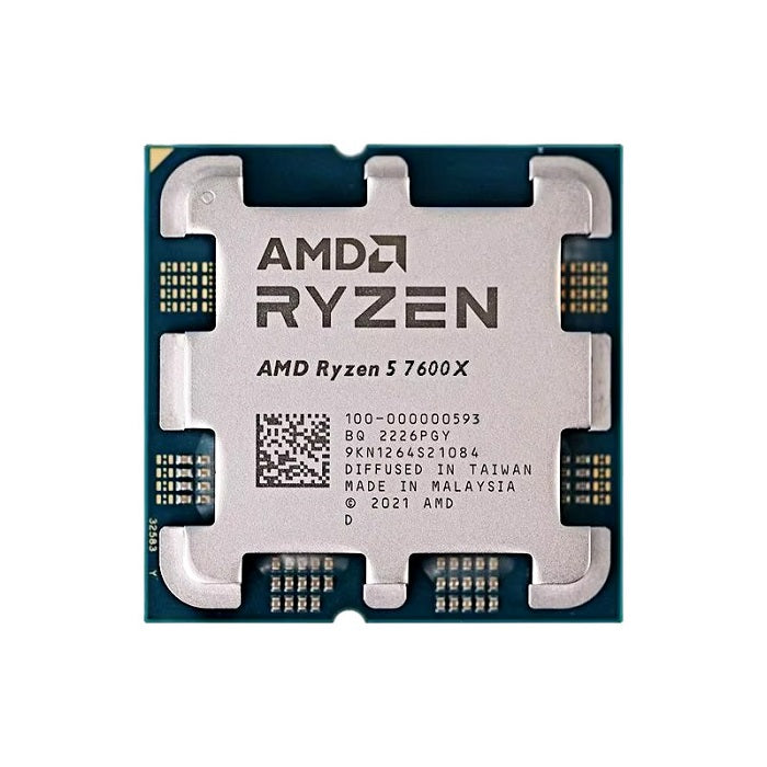 On Demand AMD Ryzen R5 7600X 6 cores and 12 threads Processor High-Performance AMD CPU for Gaming & Productivity - a square silver and green CPU with an integrated heat spreader showing laser-etched branding and technical specifications.