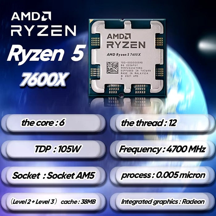 On Demand AMD Ryzen R5 7600X 6 cores and 12 threads Processor High-Performance AMD CPU for Gaming & Productivity - shown in a graphic with text listing its core, thread, TDP, frequency, socket, process, cache, and integrated graphics specs.