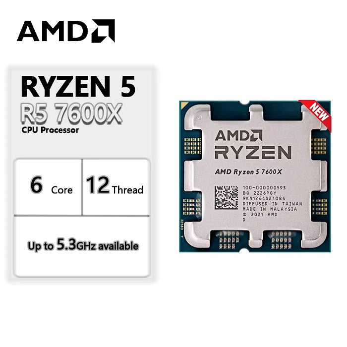 On Demand AMD Ryzen R5 7600X 6 cores and 12 threads Processor High-Performance AMD CPU for Gaming & Productivity - shown with a white specification card listing 6 cores, 12 threads, and up to 5.3GHz alongside the square metal CPU chip.