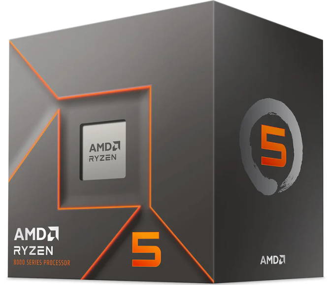 On Demand AMD Ryzen R5 8400F Processor 6 cores and 12 threads - 8000 Series Processor, a studio shot of the square black product packaging box featuring orange accents and the Ryzen 5 logo.