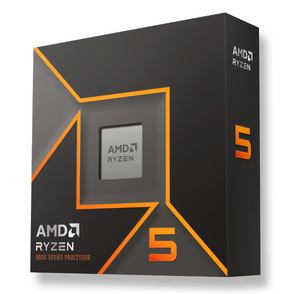 On Demand AMD Ryzen R5 9600X Processor 6 cores and 12 threads - 9000 Series Processor, a black and orange retail box featuring the Ryzen logo and a central cutout showing the processor heat spreader.