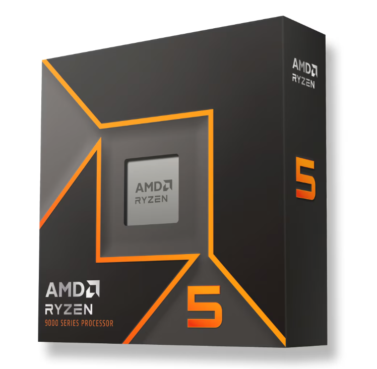 On Demand AMD Ryzen R5 9600X Processor 6 cores and 12 threads - 9000 Series Processor, a black and orange retail box featuring the Ryzen logo and a central cutout showing the processor heat spreader.