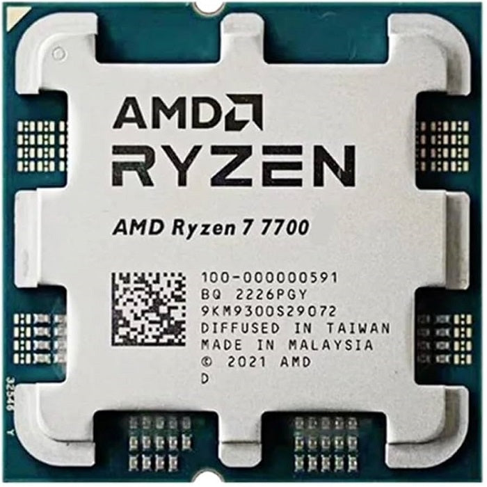 On Demand AMD Ryzen R7 7700 8 cores and 16 threads Processor for Gaming & Productivity - a square silver metal-topped CPU with a green circuit board base and visible contact points on the edges.