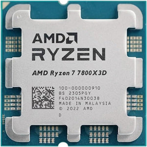 On Demand AMD Ryzen R7 7800X3D 8 Cores and 16 Threads Processor High Performance Gaming CPU Digilog.pk - a top-down view of the silver metal heat spreader on a square green circuit board with text markings.