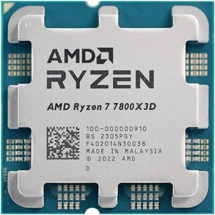 On Demand AMD Ryzen R7 7800X3D 8 Cores and 16 Threads Processor High Performance Gaming CPU Digilog.pk - a top-down view of the silver metal heat spreader on a square green circuit board with text markings.