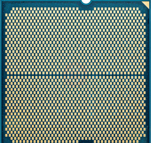 On Demand AMD Ryzen R7 9700X Processor 8 cores and 16 threads - a close-up view of the square blue CPU underside featuring a dense grid of gold-coloured contact pins.