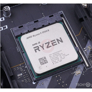 On Demand AMD Ryzen R9 5950X Processor 16 cores and 32 threads CPU for Gaming & Content Creation - a close-up of the silver and green CPU chip installed in a black motherboard socket.