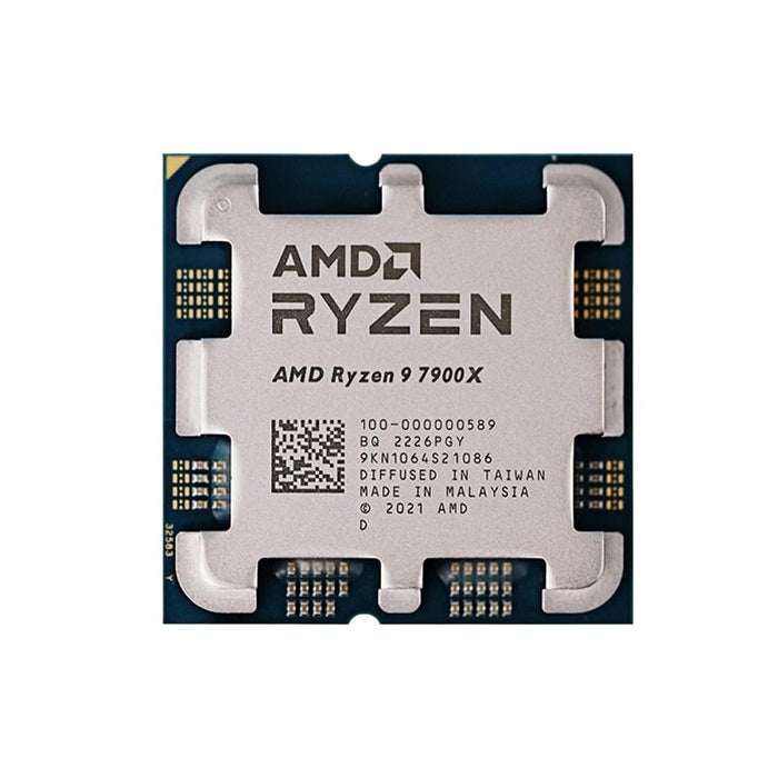 On Demand AMD Ryzen R9 7900X 12 cores and 24 threads Processor High-Performance AMD CPU for Gaming & Content Creation - a top-down view of the square silver and green CPU featuring the model name and manufacturing details etched on the surface.