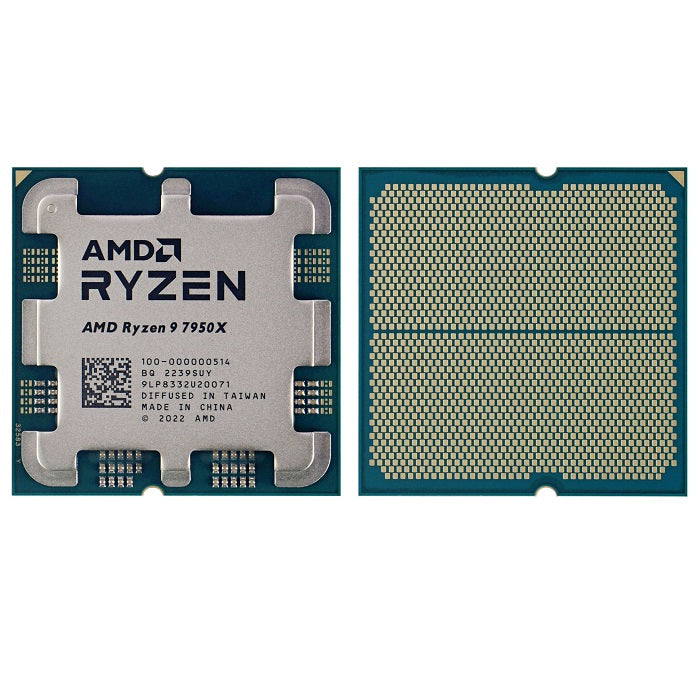 On Demand AMD Ryzen R9 7950X 16 cores and 32 threads Processor High-Performance AMD CPU for Gaming & Workstations - shown from both the top side with its heat spreader and the bottom side with its gold contact pins.