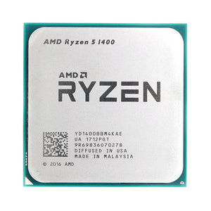 On Demand AMD YD1400BBAEBOX Ryzen 5 1400 Processor with Wraith Stealth Cooler - a square silver-topped CPU with a green substrate base and printed product specifications on its metal heat spreader.