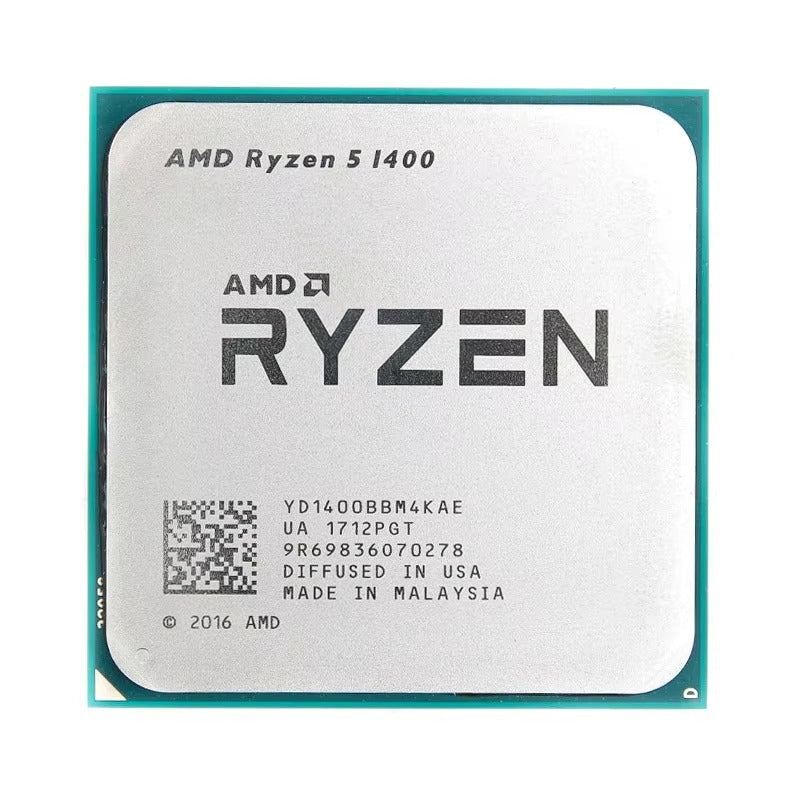 On Demand AMD YD1400BBAEBOX Ryzen 5 1400 Processor with Wraith Stealth Cooler - a square silver-topped CPU with a green substrate base and printed product specifications on its metal heat spreader.