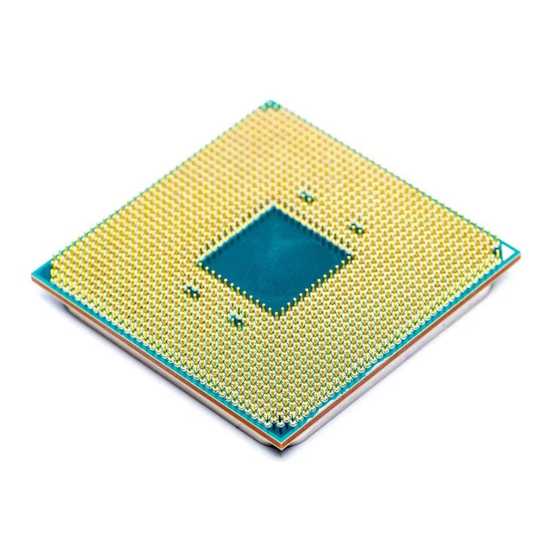 On Demand AMD YD1400BBAEBOX Ryzen 5 1400 Processor with Wraith Stealth Cooler - shown as a close-up of the underside of the square green circuit board featuring a dense grid of gold connector pins.
