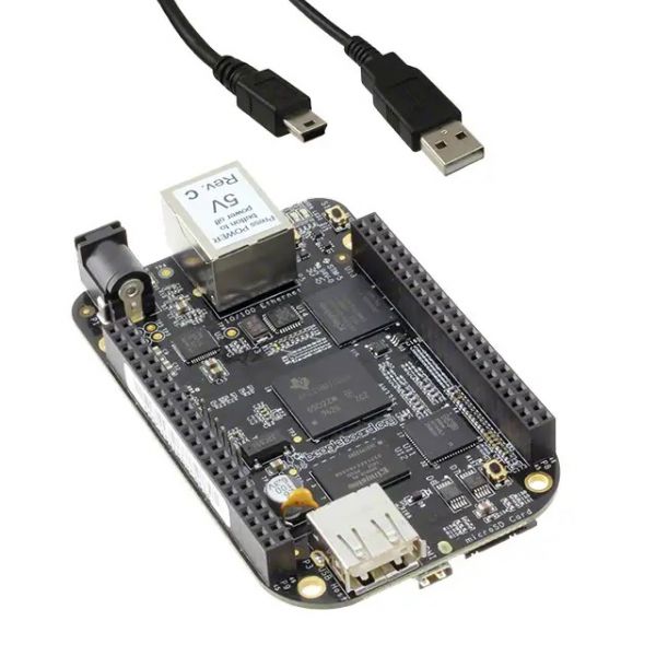 On Demand BeagleBone Black Wireless ARM Cortex-A8 (1GHz) Development Board - with an Ethernet port, USB host port, and power jack, shown with a USB cable above it.