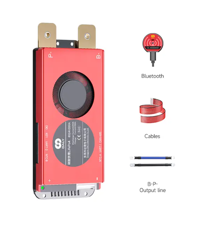 On Demand BMS 12V 200A DALY M Series Smart BMS 3S to 24S 150A - red rectangular battery management system unit with a central fan, plus Bluetooth module, ribbon cables, and two output lines.