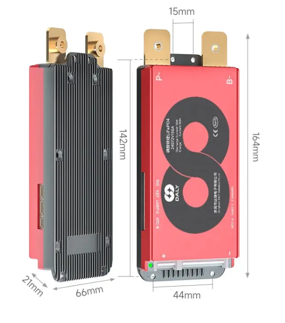 On Demand BMS 12V 200A DALY M Series Smart BMS 3S to 24S 150A - two views of a red and black rectangular unit with metal terminals, side ports, and dimension labels in millimeters.