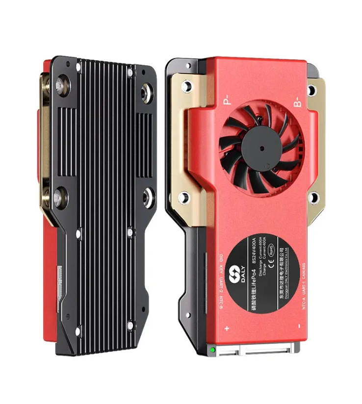 On Demand BMS 4S 12V LiFePO4 Smart BMS DALY S Series - two units, one with a black finned heatsink and one with a red casing featuring a cooling fan.