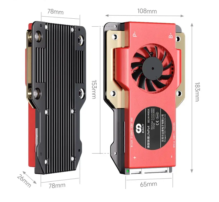 On Demand BMS 4S 12V LiFePO4 Smart BMS DALY S Series - two views of the red and black unit with a cooling fan, connection terminals, and dimension labels in millimeters.