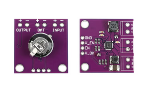 On Demand BQ25570 Energy Harvester Module with Boost Charger and Buck Converter | Digilog.pk - top and bottom views of the purple circuit board featuring a capacitor, inductor, and labeled input/output terminals.