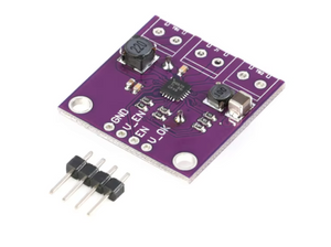 On Demand BQ25570 Energy Harvester Module with Boost Charger and Buck Converter | Digilog.pk - a purple circuit board with two inductors, a central chip, and a four-pin header connector placed below it.