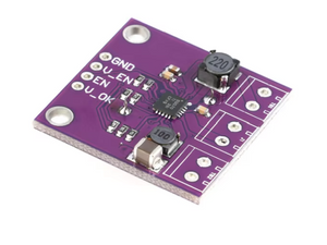On Demand BQ25570 Energy Harvester Module with Boost Charger and Buck Converter | Digilog.pk - square purple circuit board featuring a central chip, two inductors, and four labeled pins: GND, V_EN, EN, V_OK.